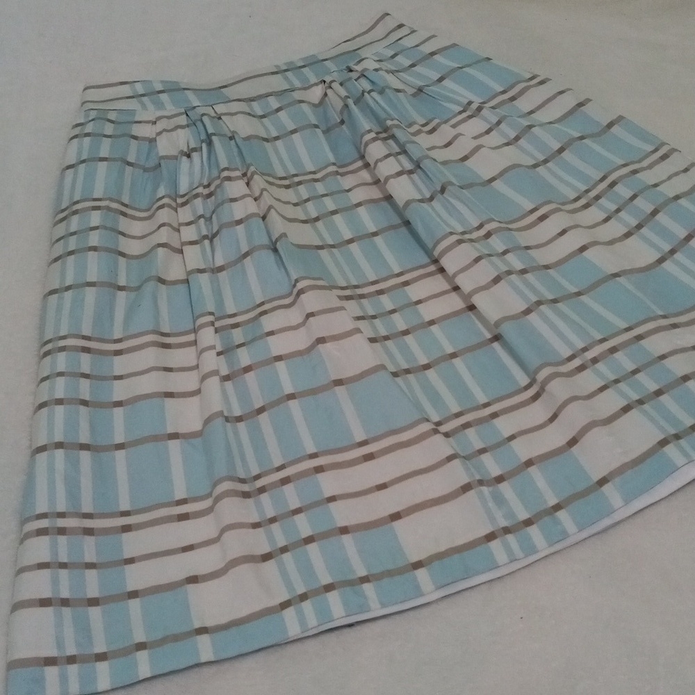 Pendleton Blue & White Plaid Striped Silk Retro Pleated A-line Pocket Midi Skirt